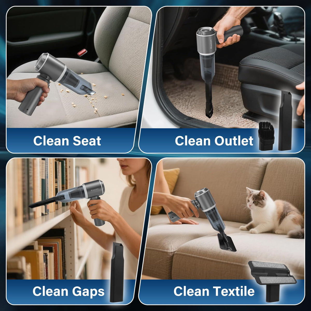 Koucen vacuum in use on car seat removing crumbs and pet hair effectively