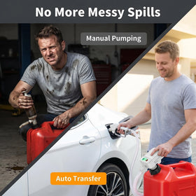 koulate transferring fuel to a lawnmower showing cordless convenience