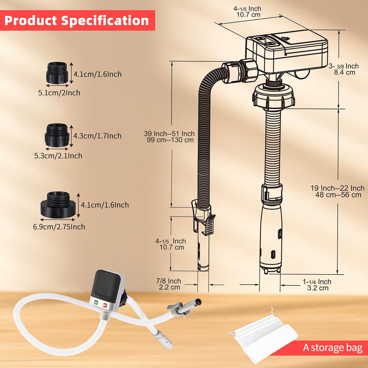 koulate nozzle and three adapters displayed to show secure screw-on connections benefit