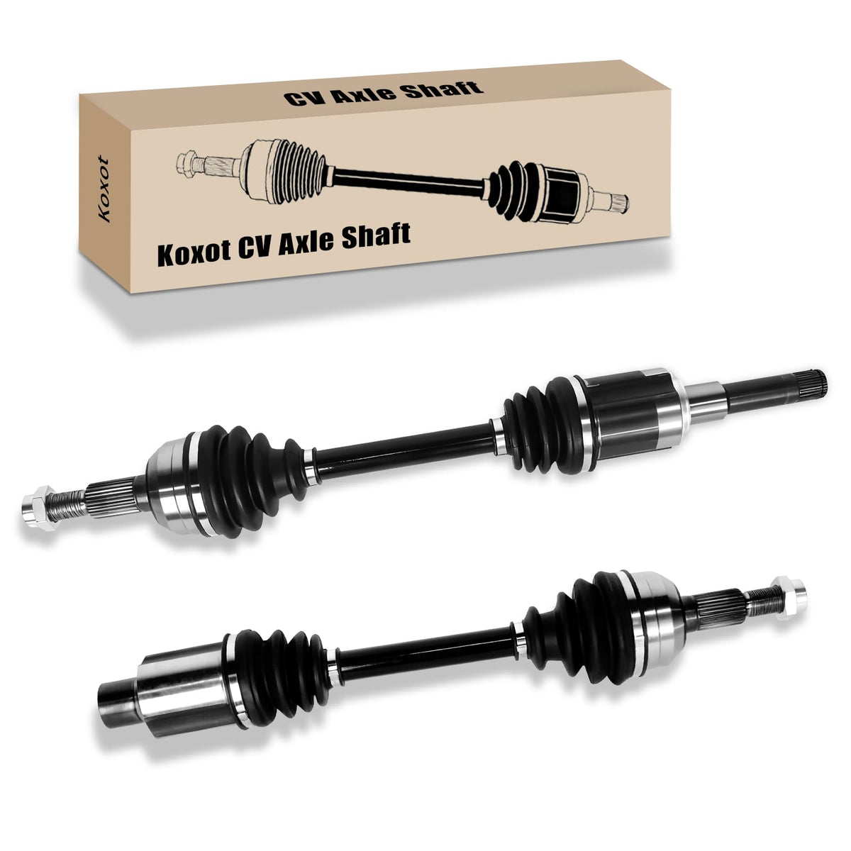 Koxot front CV axle pair packaging showing complete kit and benefit of ready-to-install