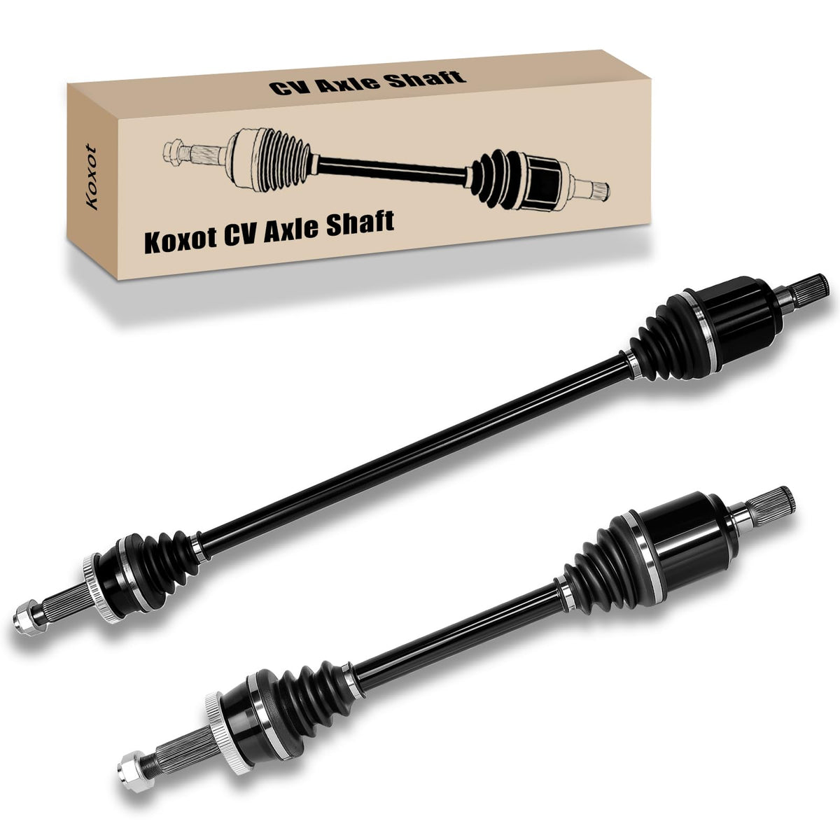 Koxot packaged front CV axles showing both assemblies and labeling for quick identification and fit verification