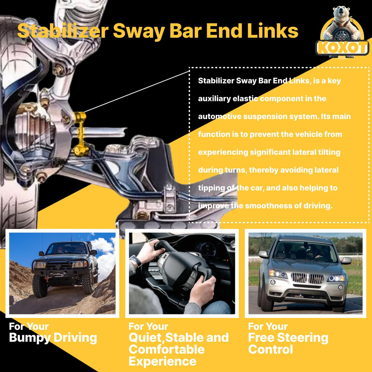 Koxot sway link installed on Toyota Sienna suspension showing restored control