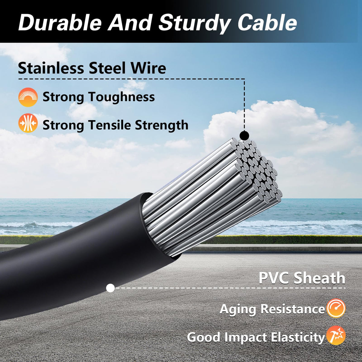 KPALAG long upper cable close-up showing stainless core and durability for long routing