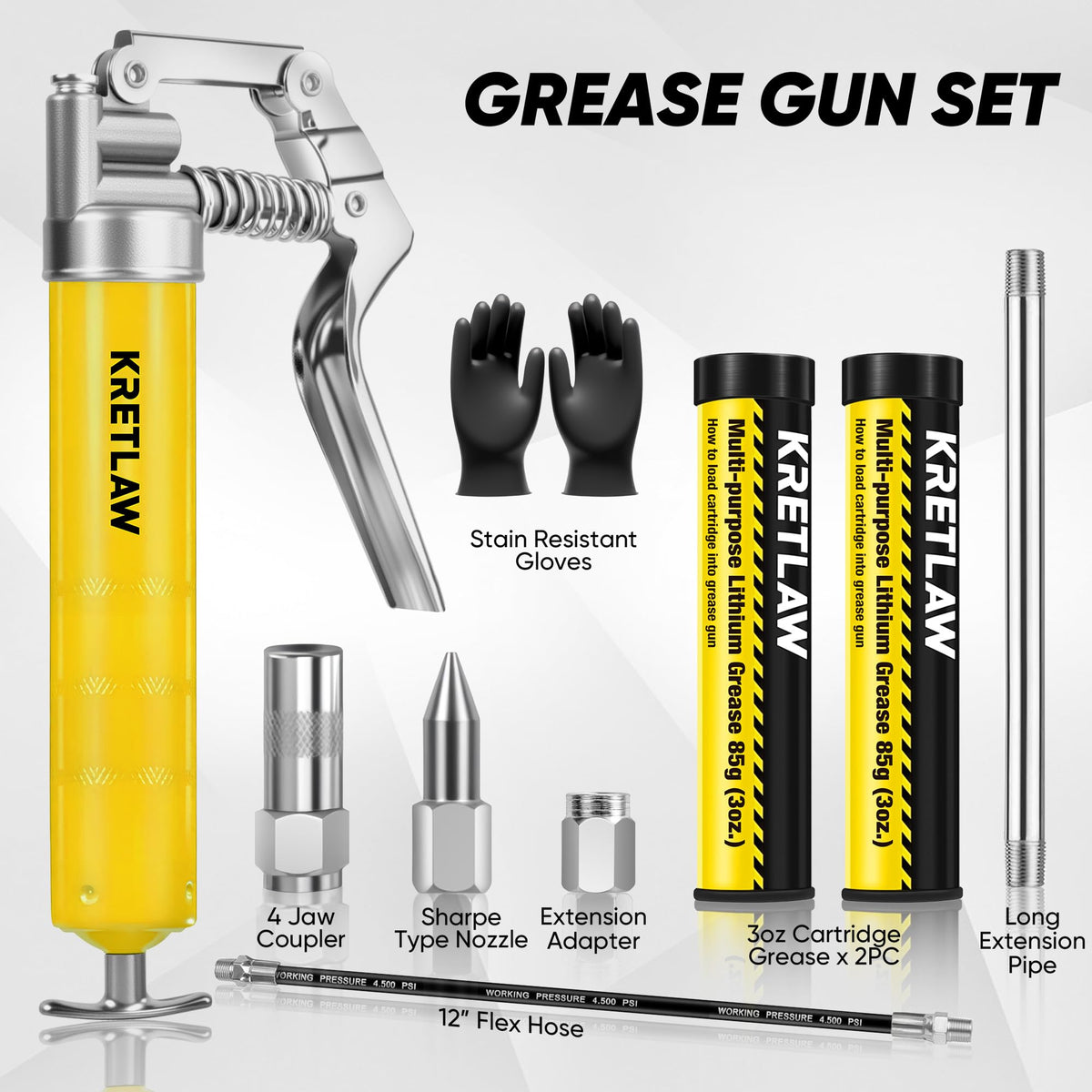 KRETLAW two 3oz grease cartridges and included adapters for quick on‑the‑go refills