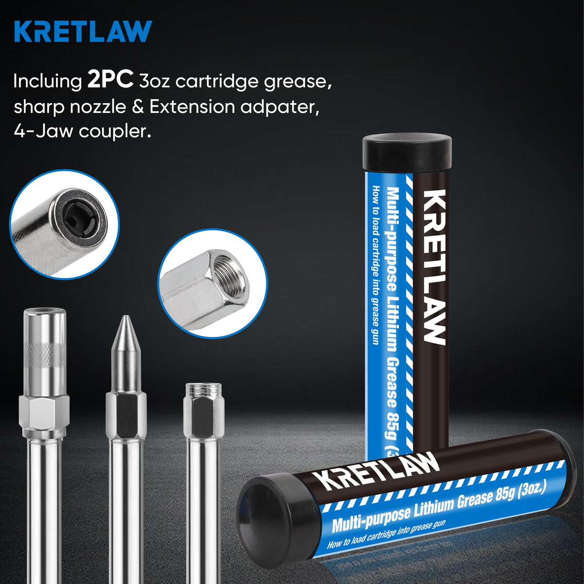 KRETLAW two 3oz grease cartridges with gloves for clean, portable refills and protection