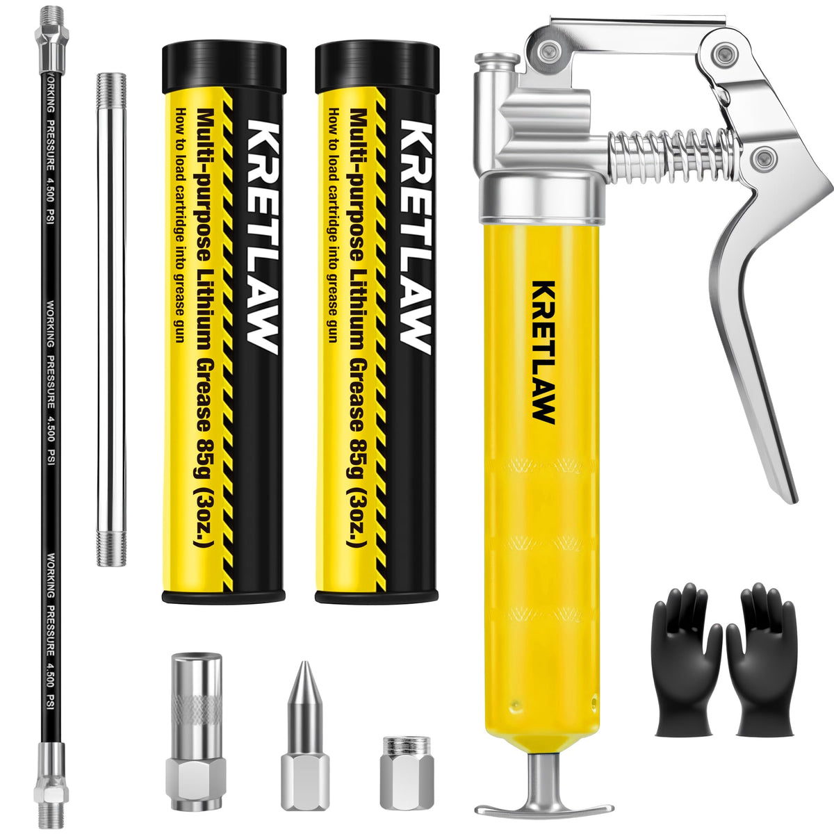 KRETLAW mini grease gun front view showing compact design and pistol grip for controlled use