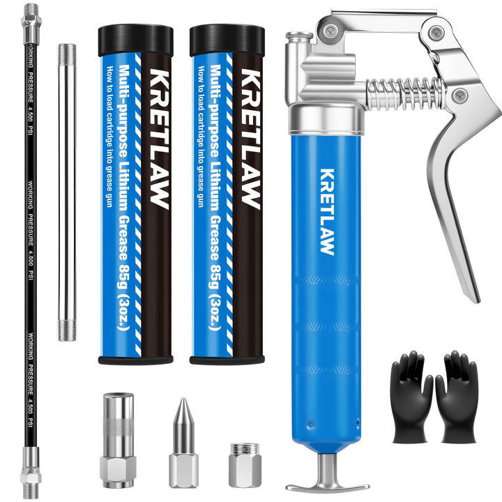 KRETLAW grease gun front view showing compact design and pistol grip for easy handling