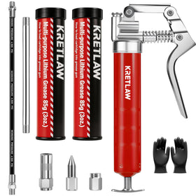 KRETLAW mini grease gun front view showing compact pistol-grip, portability benefits