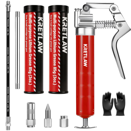 KRETLAW mini grease gun front view showing compact pistol-grip, portability benefits