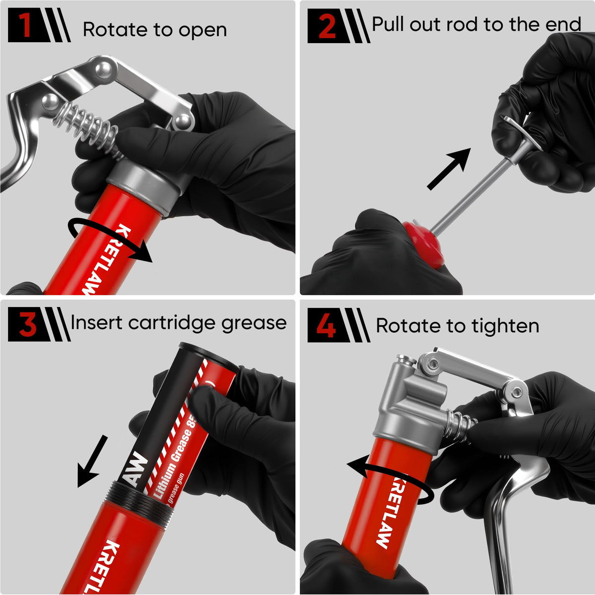 KRETLAW grease gun held in hand for size comparison highlighting easy one-handed use