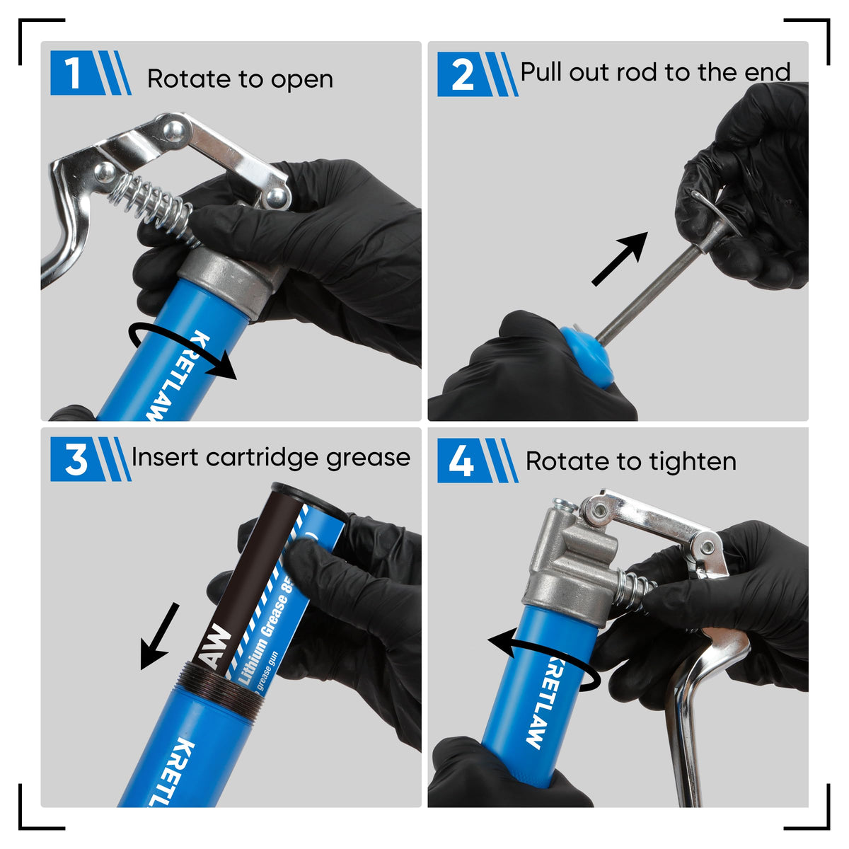 KRETLAW grease gun beside a hand and toolbox to show compact scale and portability