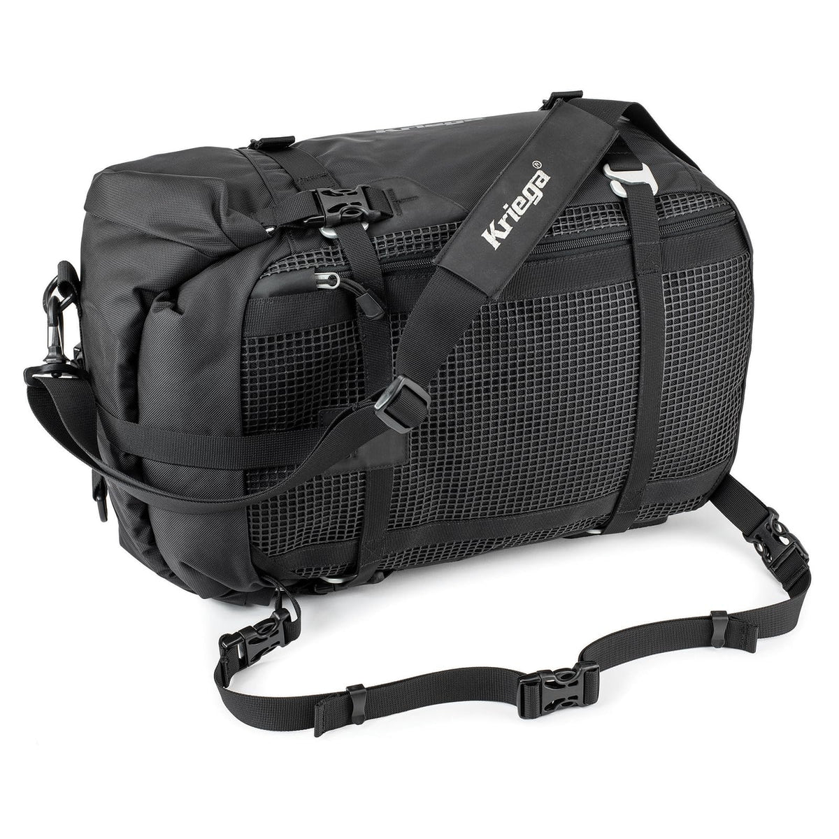 Kriega US-30 mounted on motorcycle demonstrating stable luggage carry