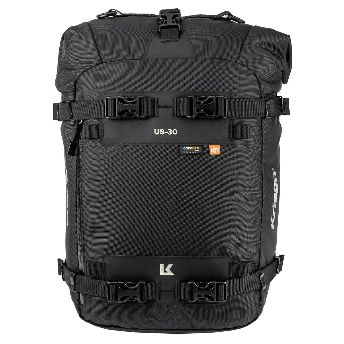 Kriega US-30 roll-top closure detail protecting contents from rain