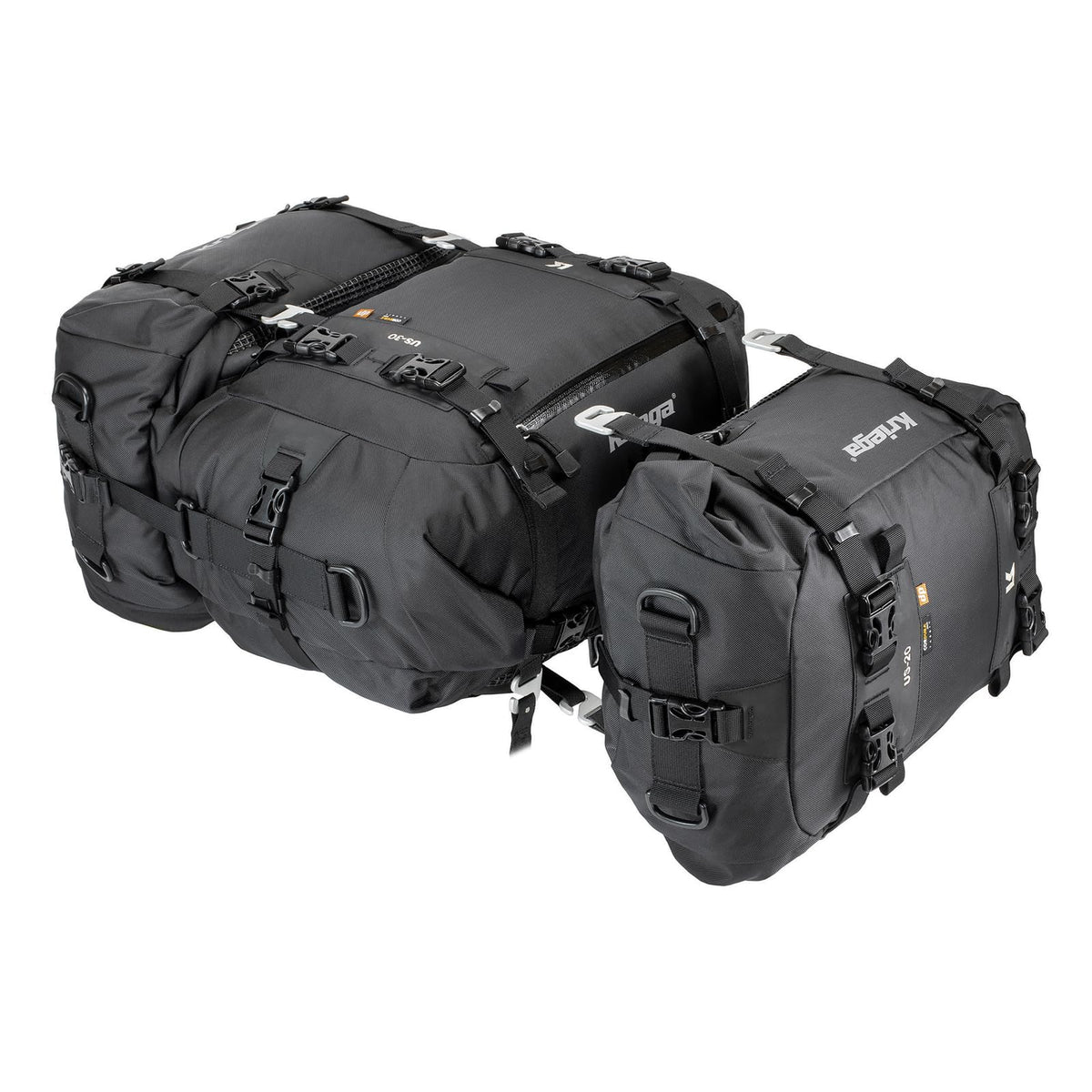 Kriega US-30 beside helmet showing scale and 30L packing benefit
