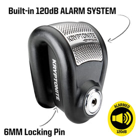 Kryptonite alarm speaker detail showing motion sensor and loud 120dB output