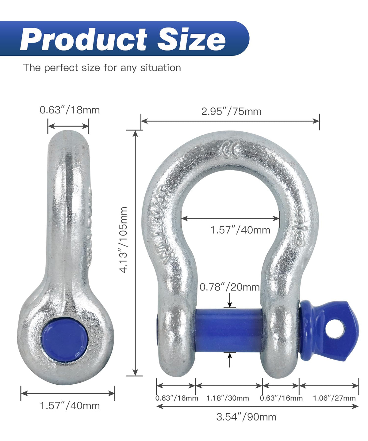Krytonel side profile of 5/8 inch D-ring shackle showing no-gap connection benefit