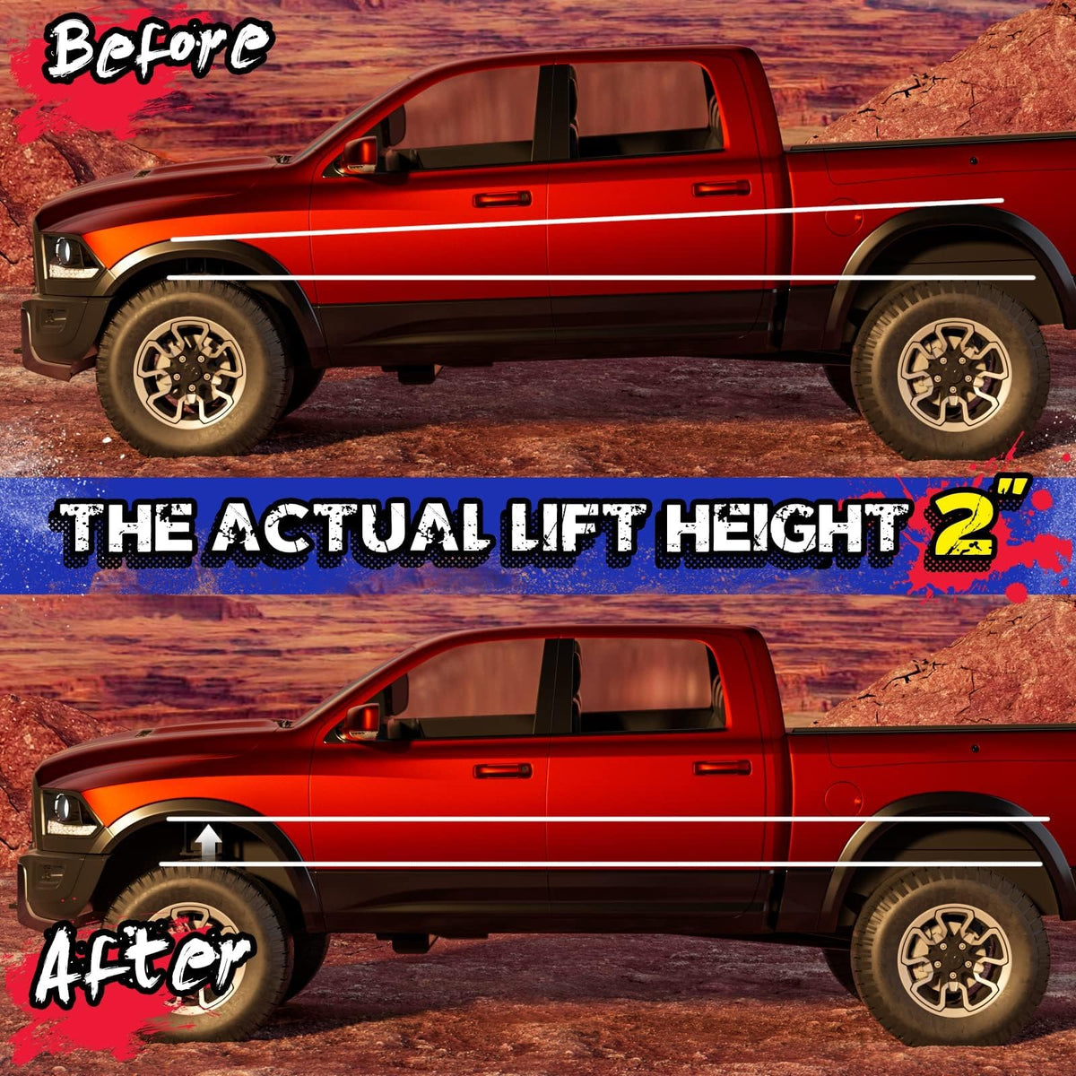 KSP PERFORMANCE before-and-after Ram 1500 demonstrating leveled stance benefit