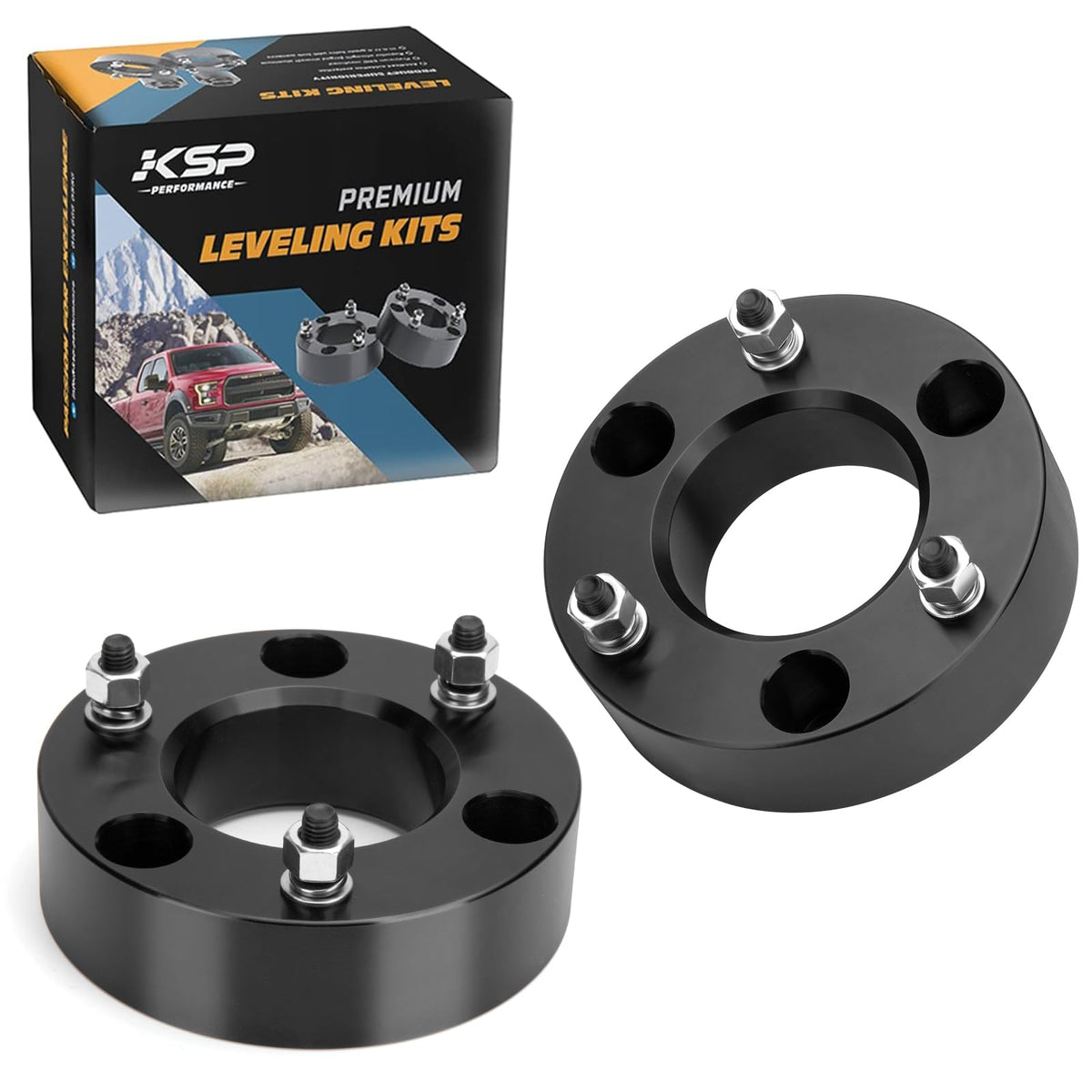 KSP PERFORMANCE front spacer packaging showing contents and fitment benefit