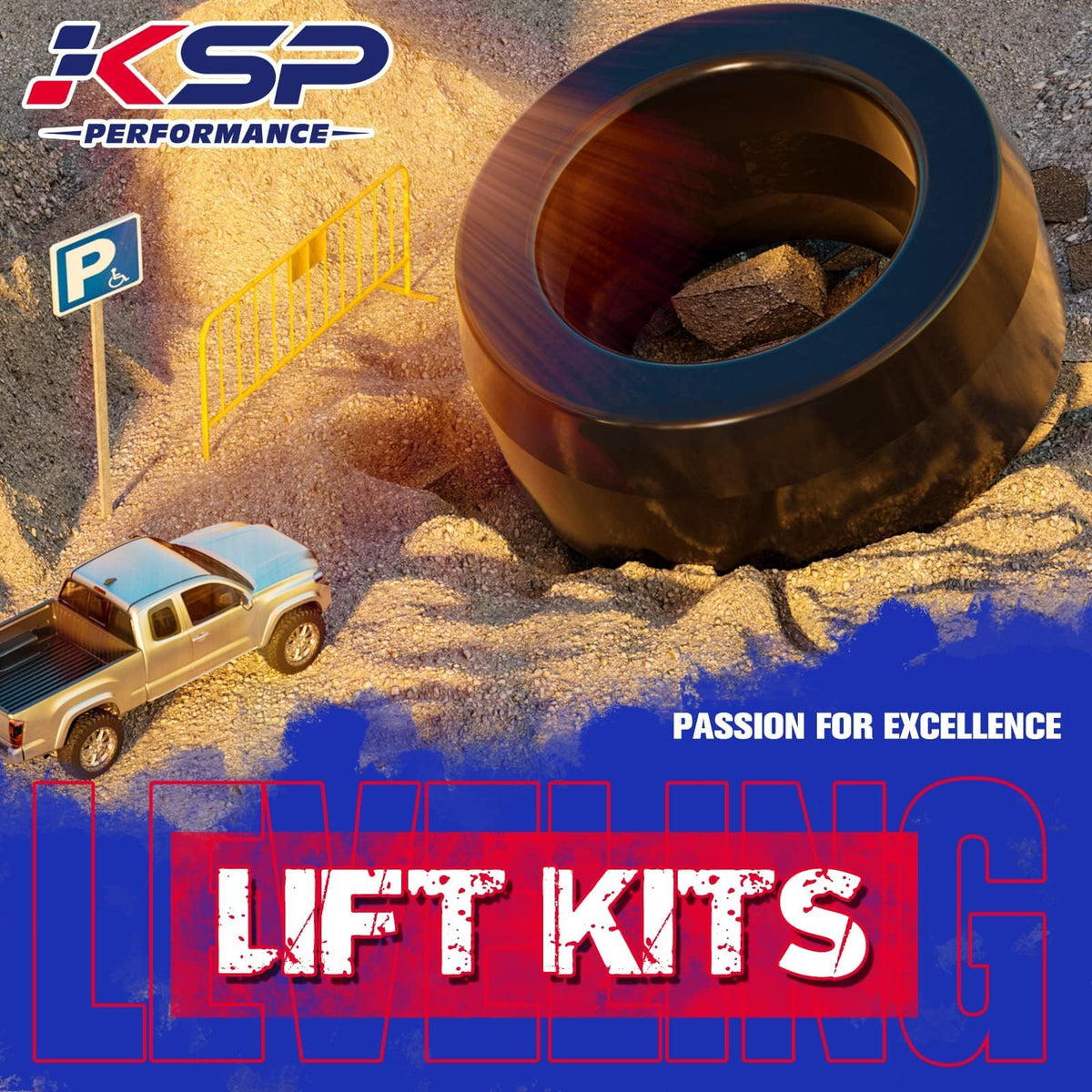 KSP PERFORMANCE equipped truck driving off-road showing added ground clearance and aggressive stance