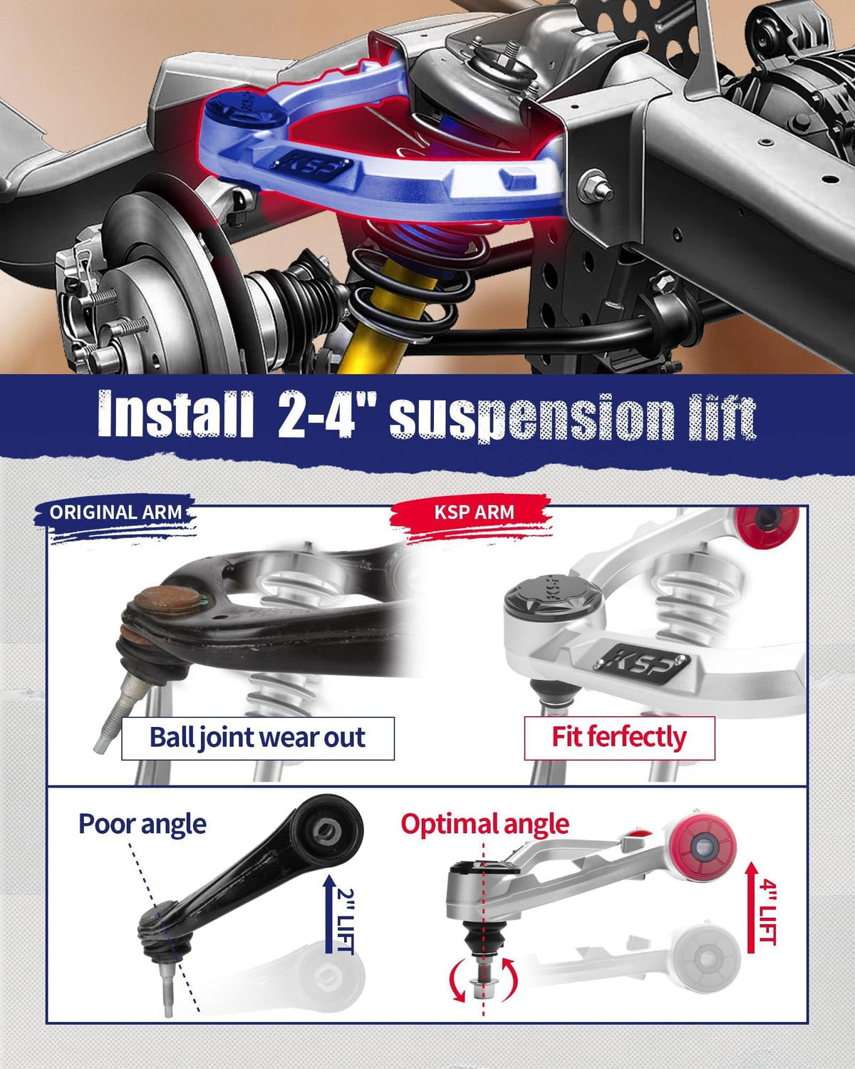 KSP PERFORMANCE packaged control arm with protective covers and installation hardware included