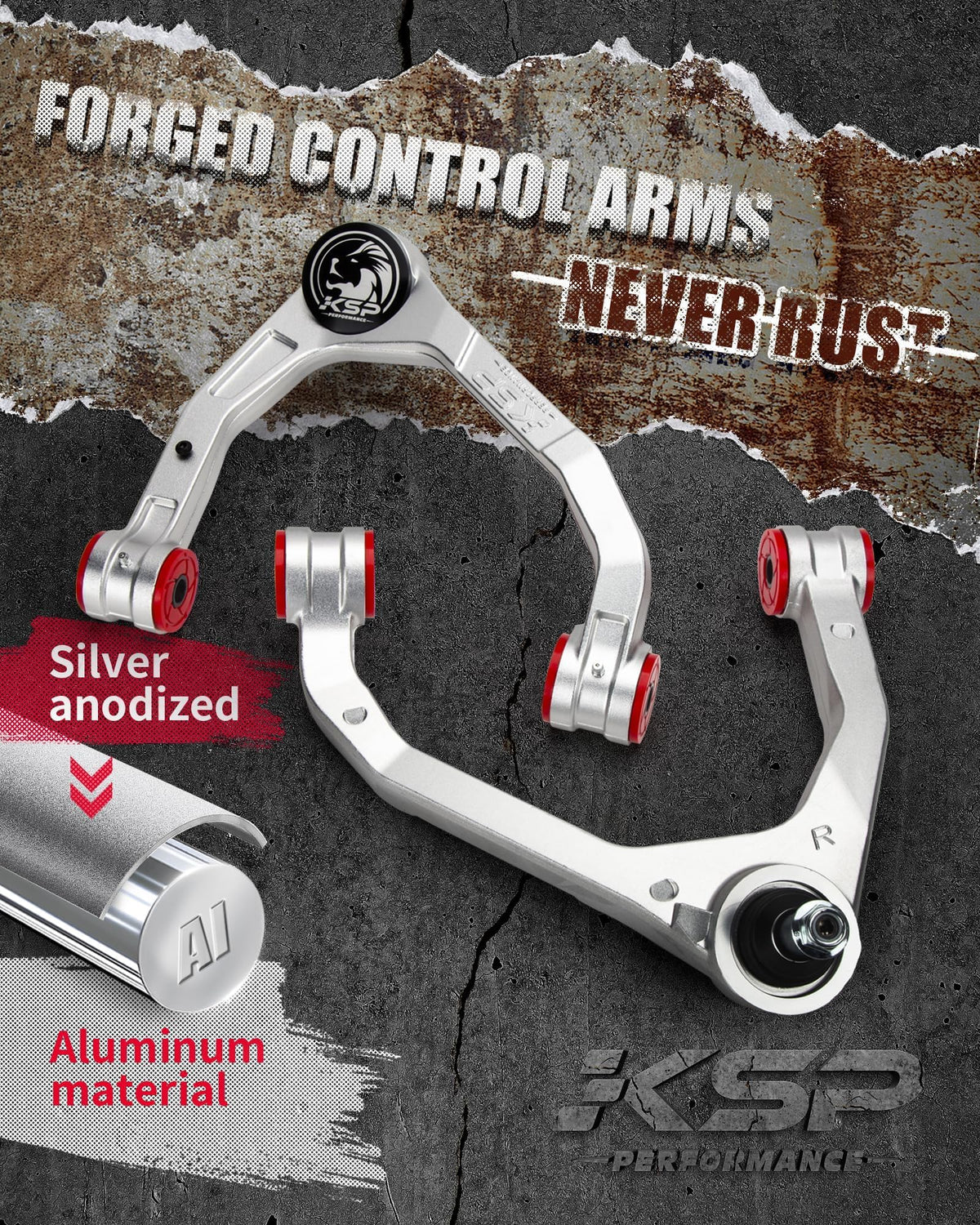 KSP PERFORMANCE control arm next to tape measure showing accurate fitment benefit