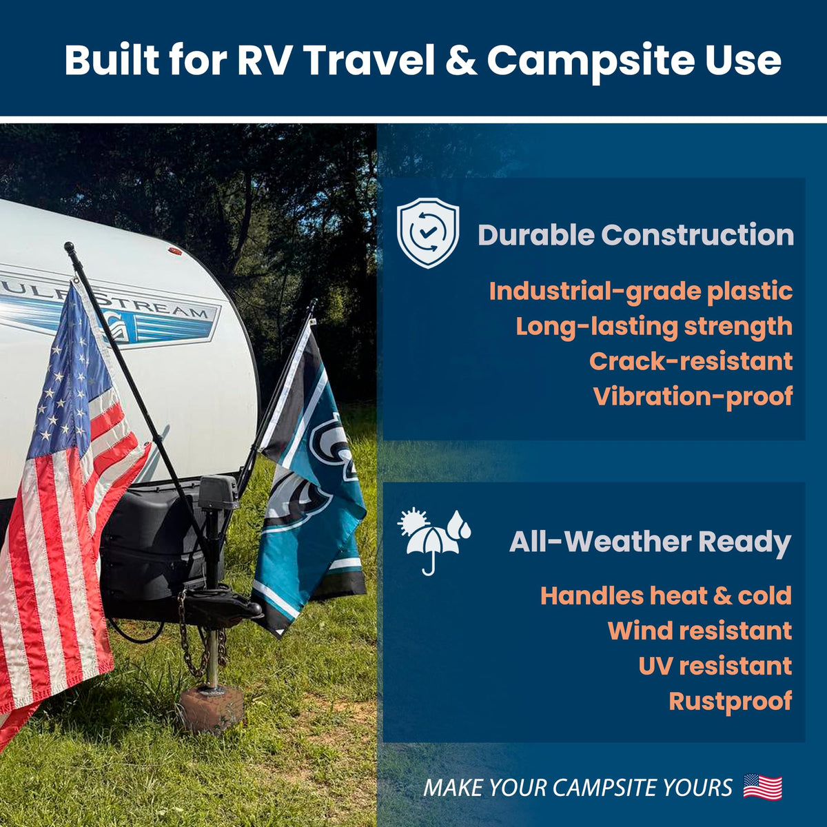 KTKS in use with two flags at campsite demonstrating visibility advantage