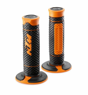 KTM dual compound grips front view showing black and orange styling and fit