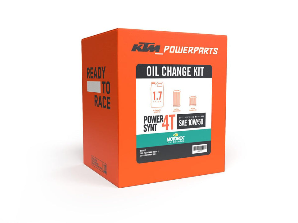 KTM oil change kit front packaging showing contents and clear compatibility benefit