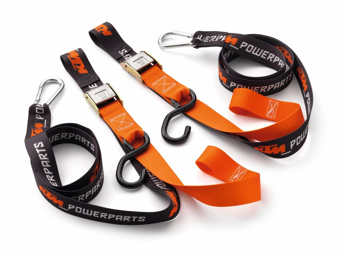 KTM tie down set front view showing straps and hooks for secure transport