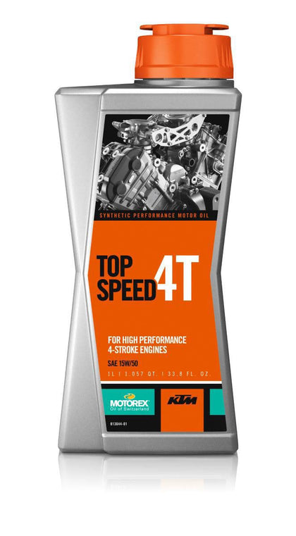 KTM top speed 4T 15W-50 front bottle view showing label and genuine OEM assurance