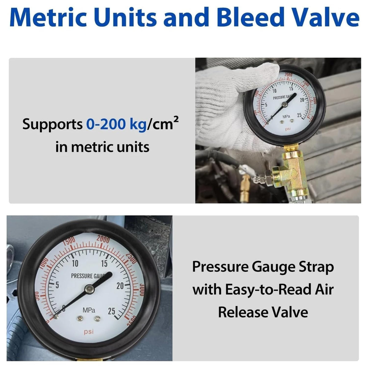 KTTOOL gauge face showing both PSI and metric scales for international vehicle compatibility