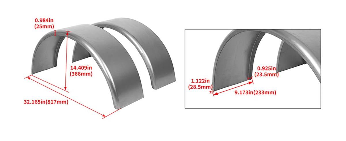 KUAFU side profile of fender showing 32x9x14 dimensions and wheel clearance