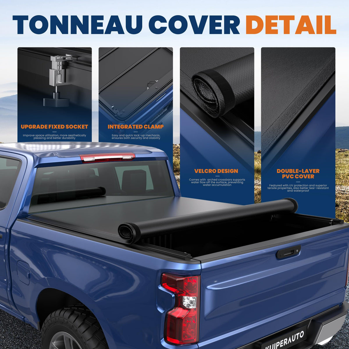 KUIPERAUTO installed with cover rolled forward showing quick full-bed access benefit
