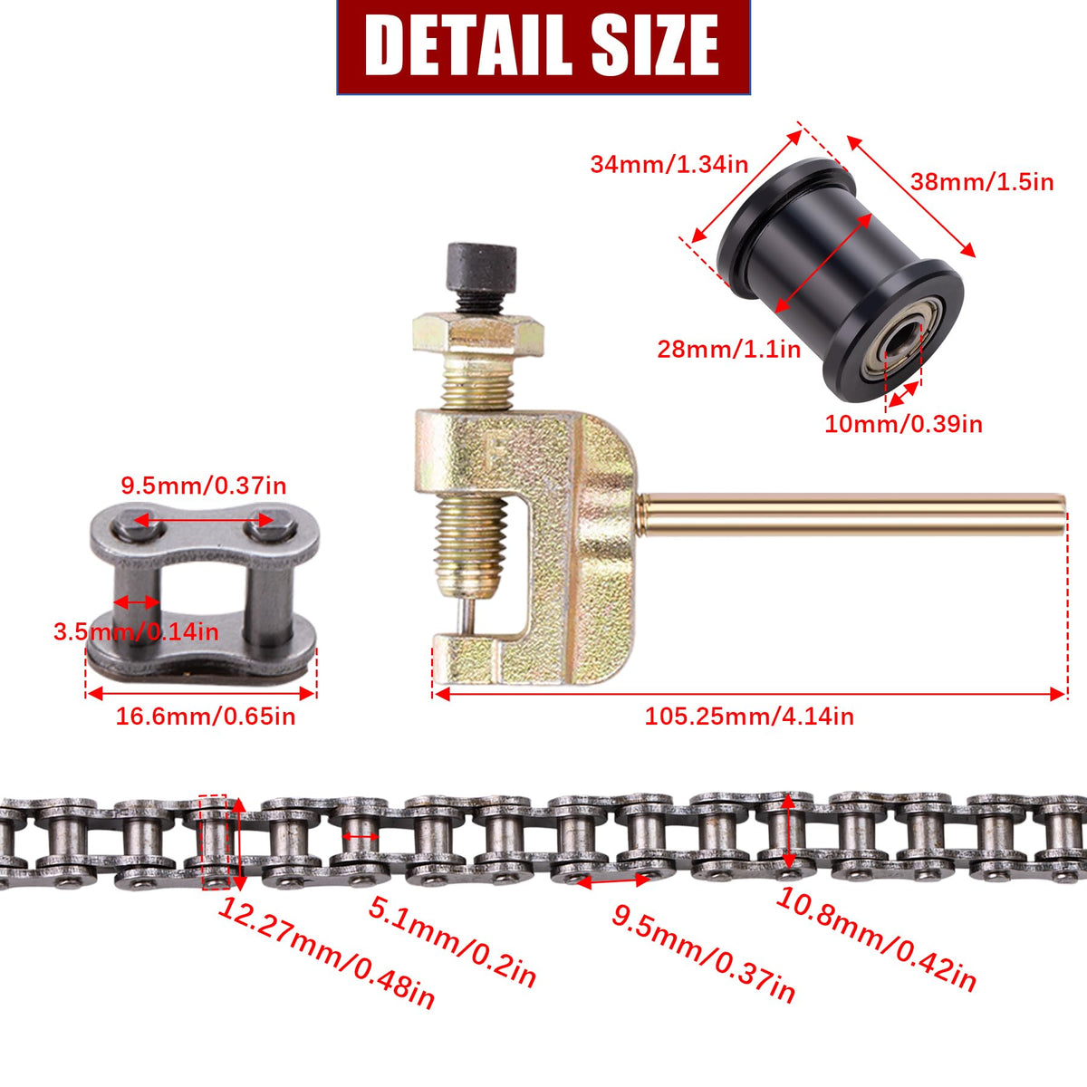 Kuiuk close-up of #35 alloy chain rollers and links highlighting corrosion resistance