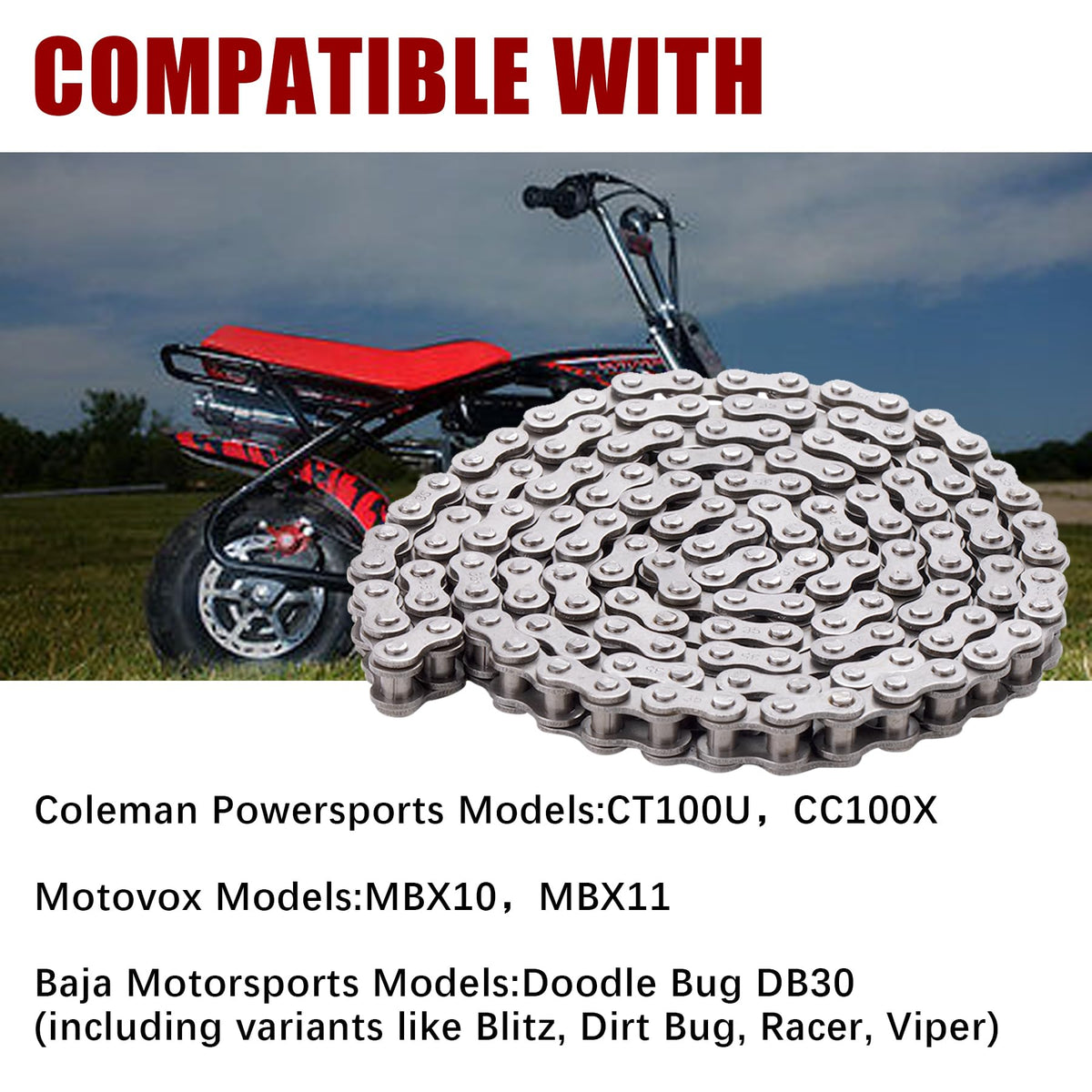 Kuiuk installed chain and tensioner on a mini bike showing improved driveline stability