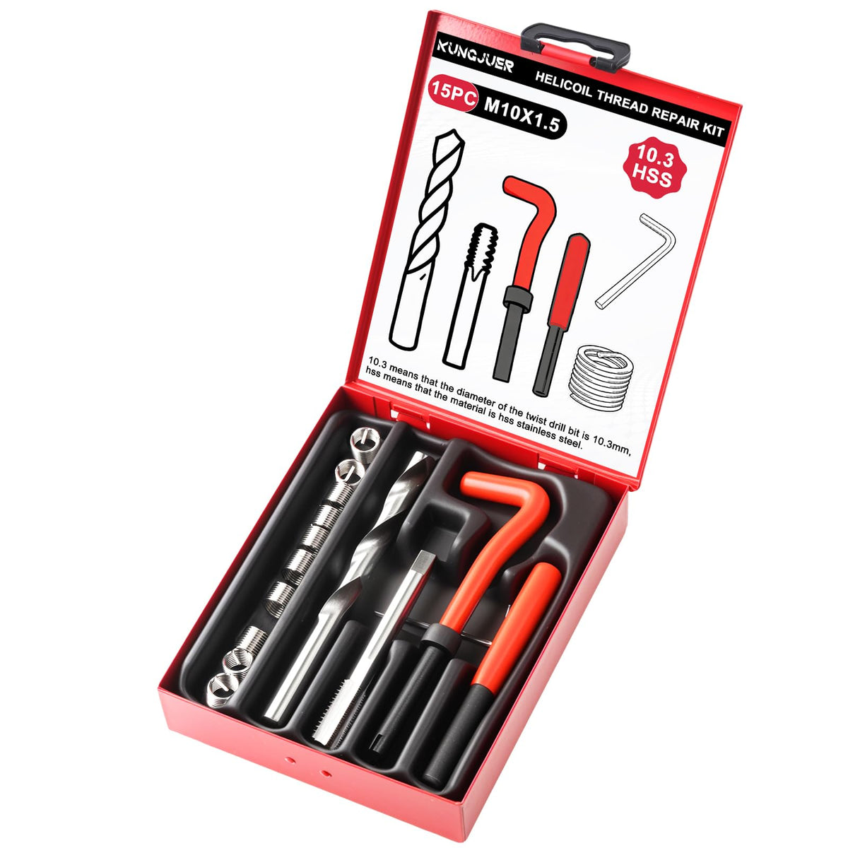KUNGJUER front packaging showing complete M10x1.5 repair kit and benefits