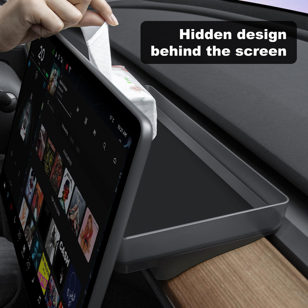 KUNIST installed behind the Tesla Model Y touchscreen demonstrating secure, factory-like appearance