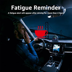 KUOWEIHUD screen showing overspeed and fatigue icons, safety reminders