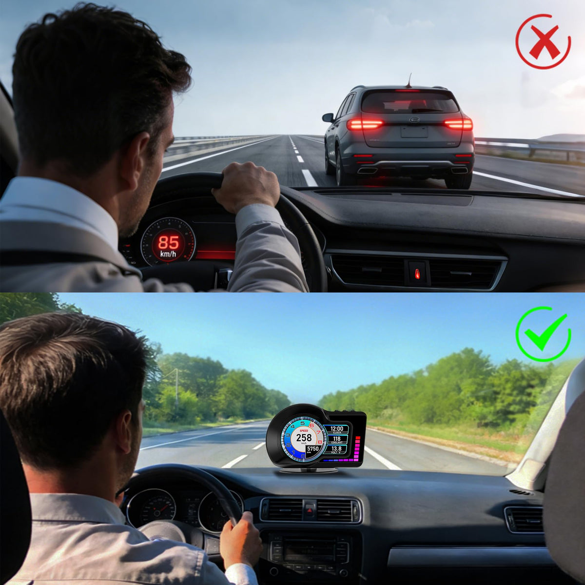 KUOWEIHUD mounted on dash showing improved driver visibility and layout