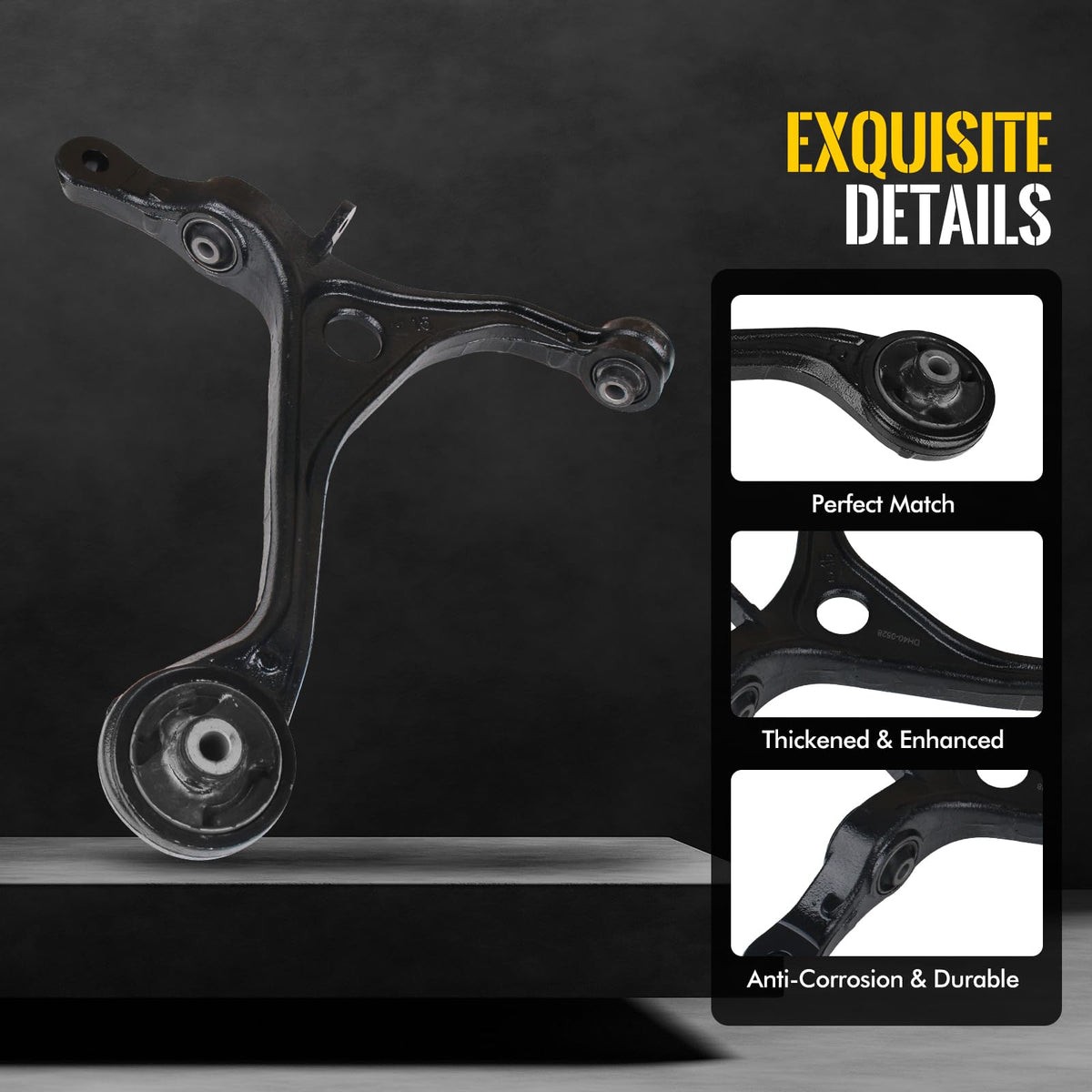 KUSATEC driver-side control arm close-up showing reinforced forging strength