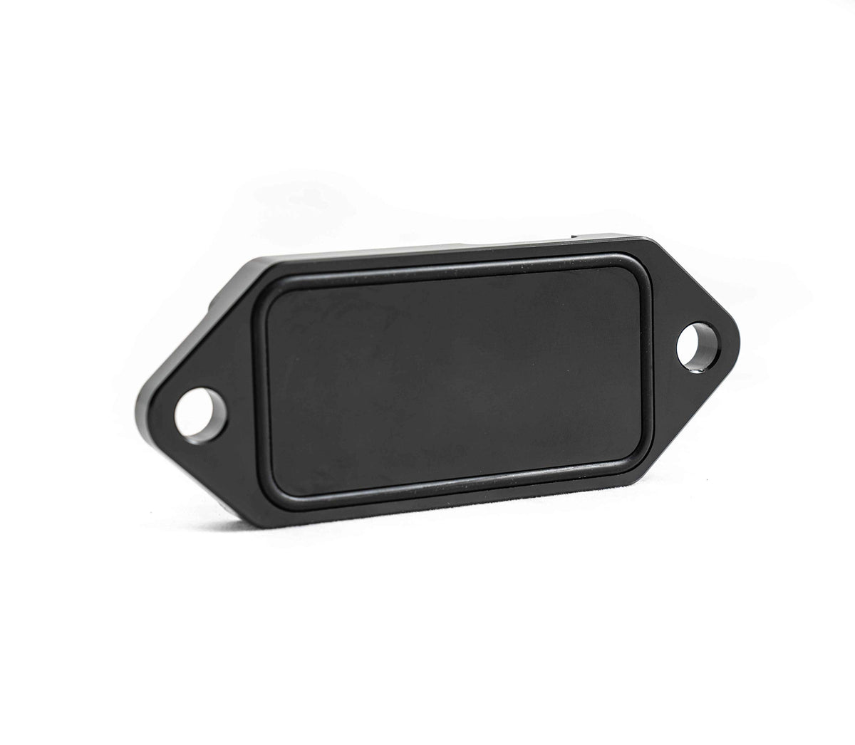 KUSHOP billet coolant plate front view showing mounting holes and flat sealing surface for leak prevention