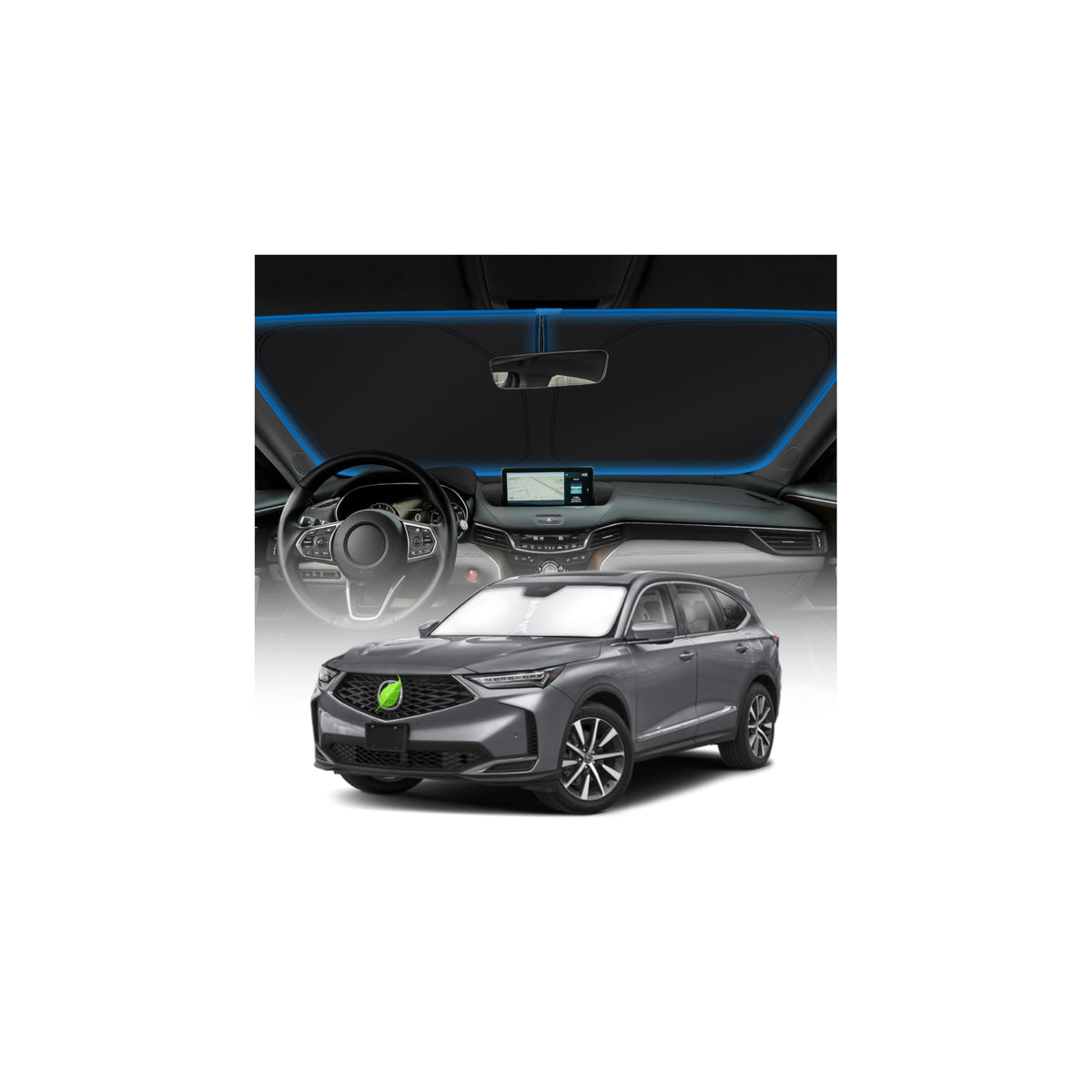 KUST front packaging showing custom-fit Acura MDX sun shade protecting windshield