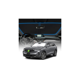 KUST front packaging showing custom-fit Acura MDX sun shade protecting windshield