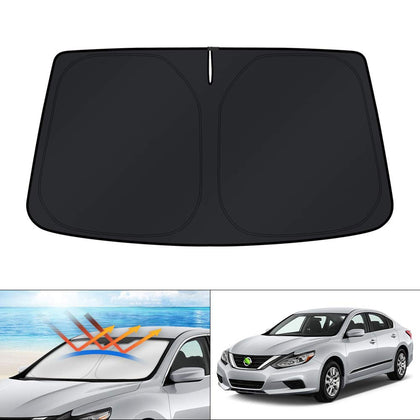 KUST front view of full windshield shade showing precise Altima fit and sun protection