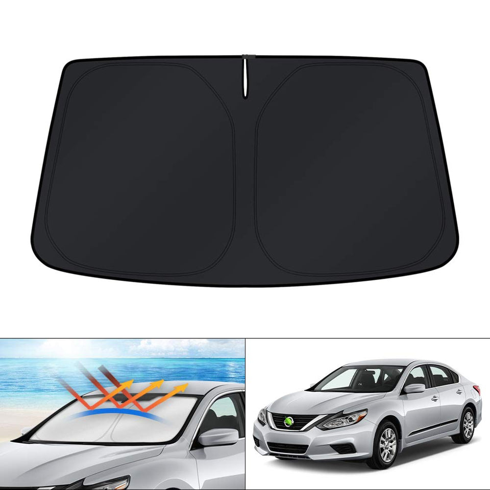 KUST front view of full windshield shade showing precise Altima fit and sun protection