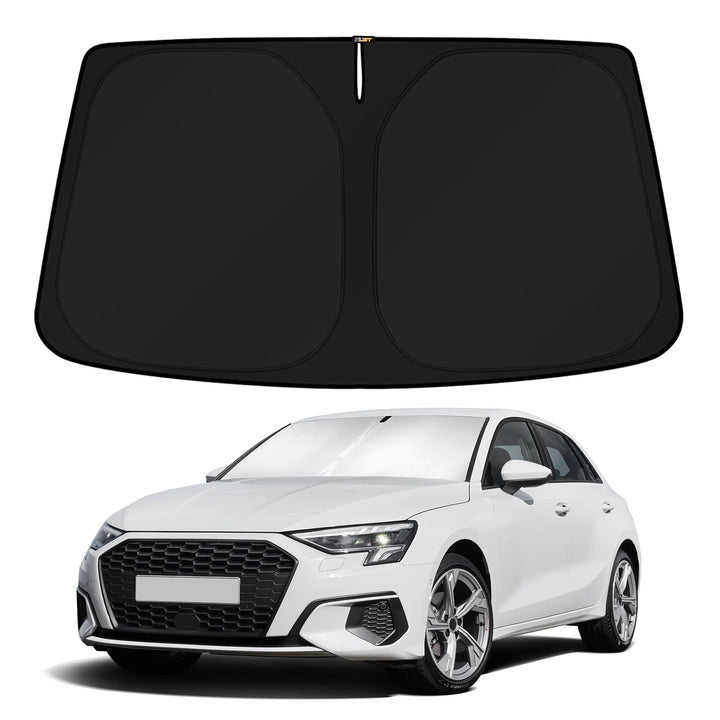 KUST sun shade installed front view showing full windshield coverage and cooler interior