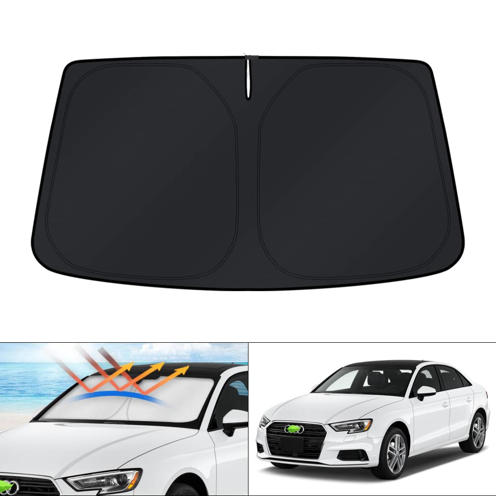 KUST windshield shade installed on Audi A3 front showing full coverage and sun protection