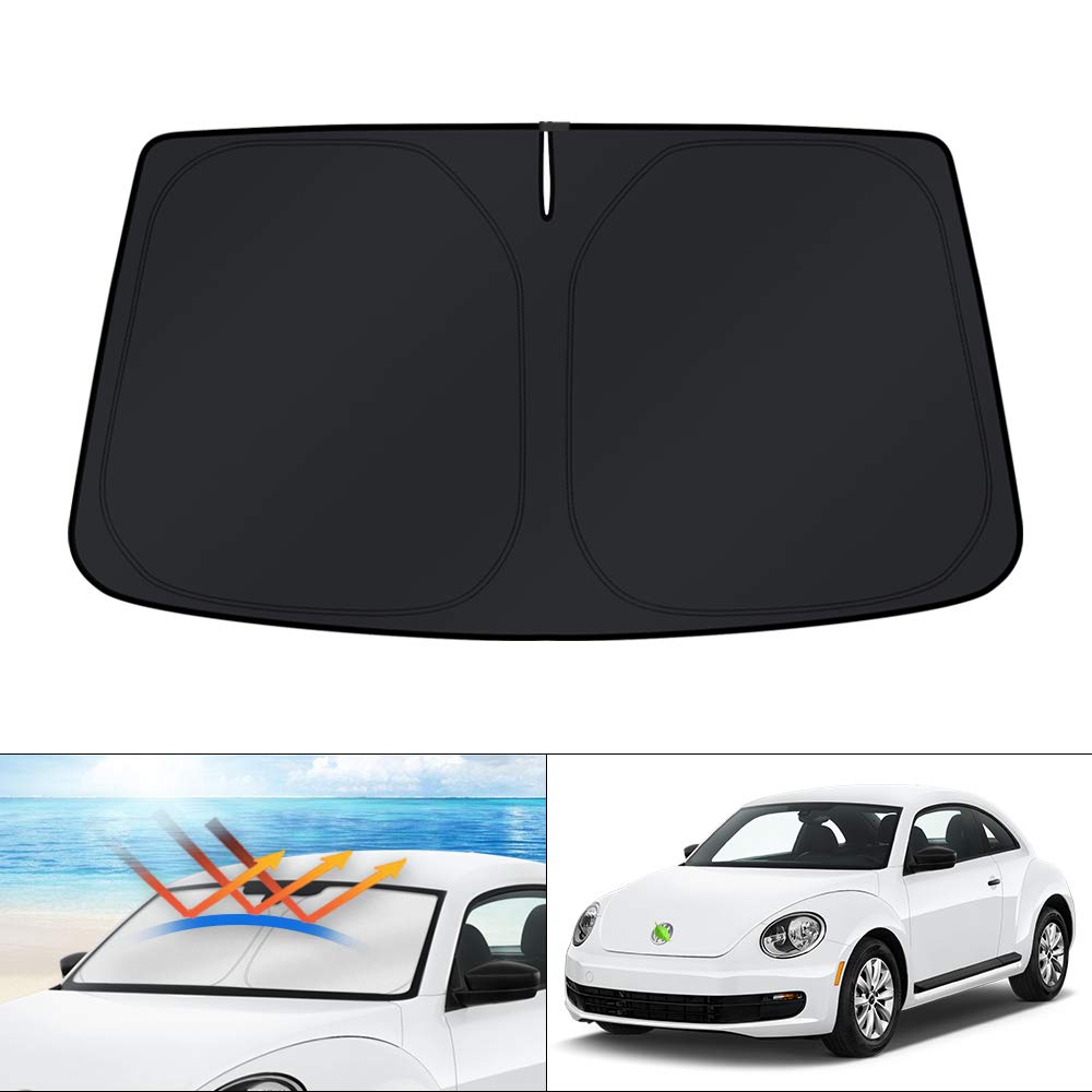 KUST front packaging showing custom-fit Beetle sun shade protecting windshield