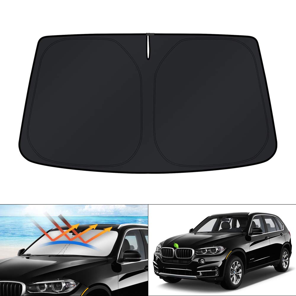 KUST front packaging showing custom-fit BMW X5 shade protecting windshield