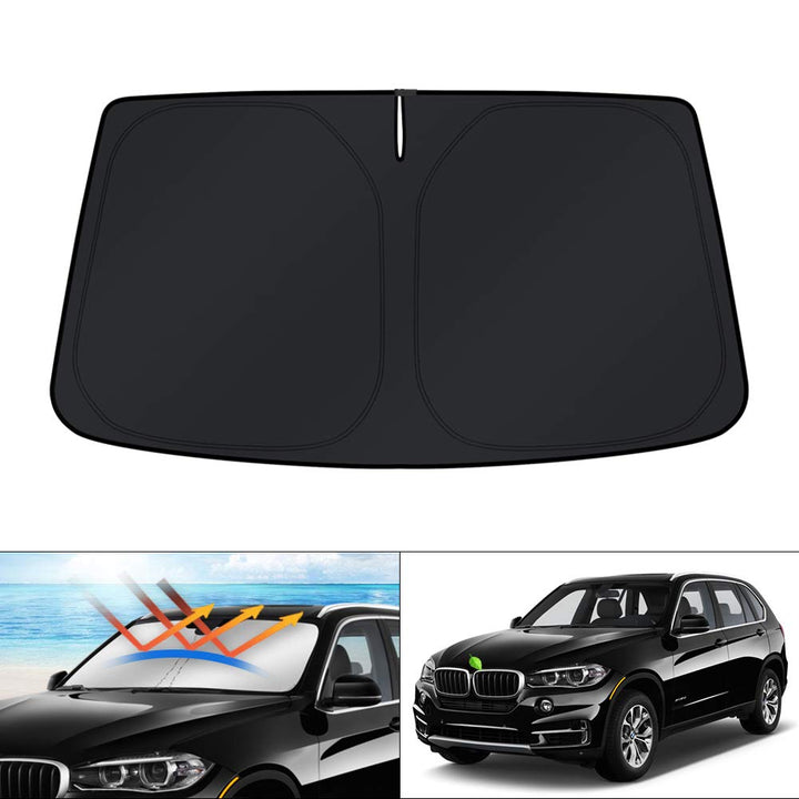 KUST front packaging showing custom-fit BMW X5 shade protecting windshield